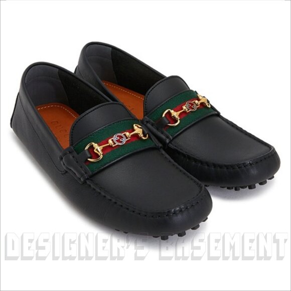 GUCCI mens 12.5 black AYRTON leather Horsebit DOUBLE G WEB Driver Moccasin shoes - Picture 11 of 12